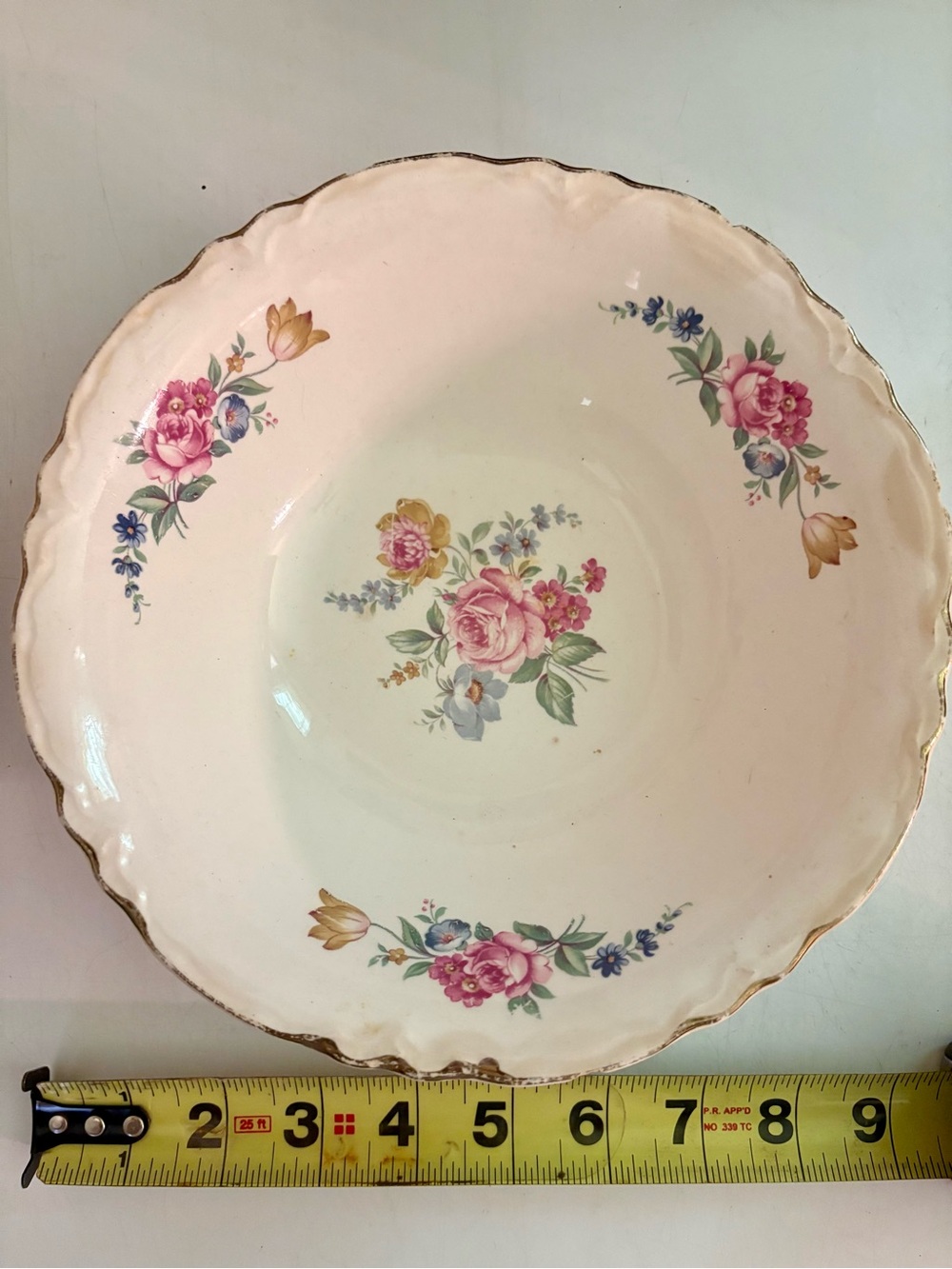 Vintage Floral Scalloped Serving Bowl - Pink Floral with gold trim